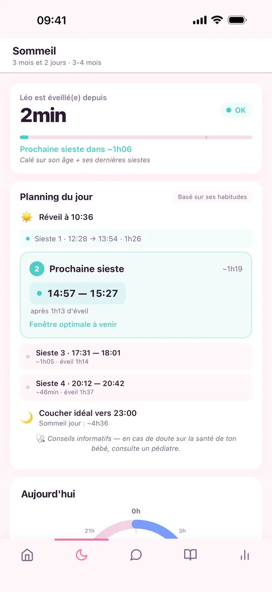 L'écran Sommeil de PetitNid : prochaine sieste prédite de 14h57 à 15h27, planning du jour et fenêtres d'éveil.