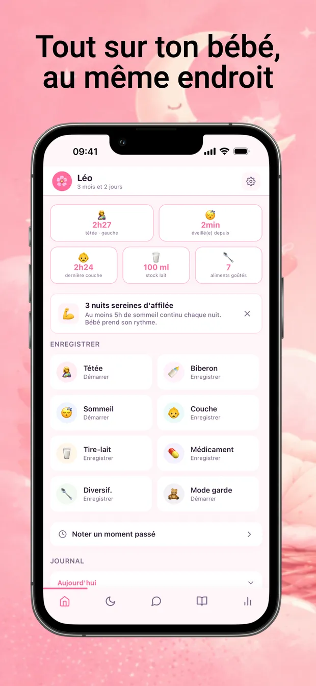 Écran d'accueil PetitNid : tout sur ton bébé au même endroit — tétées, sommeil, couches, stock de lait.