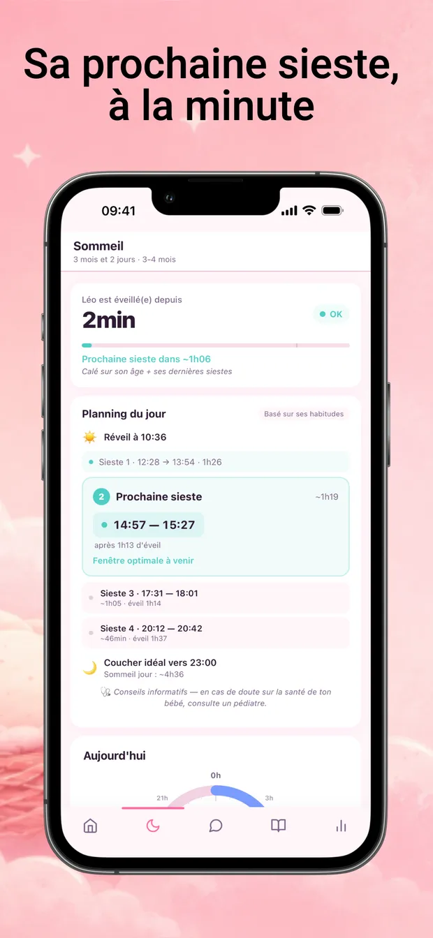 Planning du jour : prochaine sieste prédite à la minute, fenêtres d'éveil et coucher idéal.