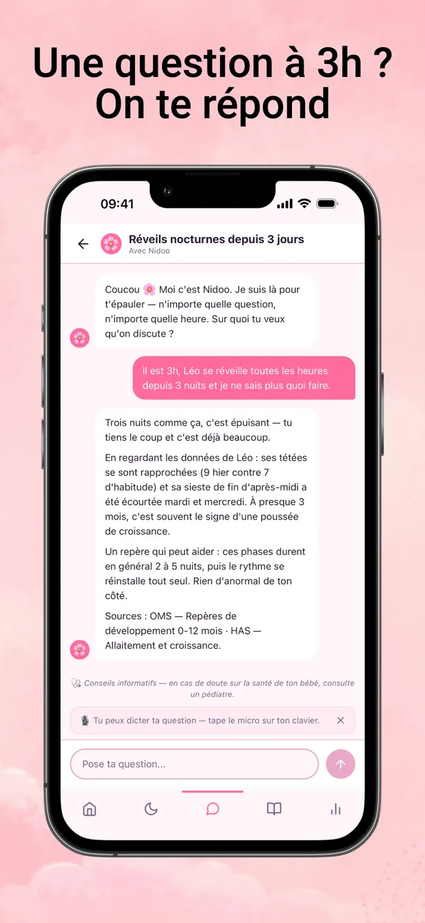Chat avec Nidoo : une question à 3h du matin, une réponse appuyée sur le journal de ton bébé.